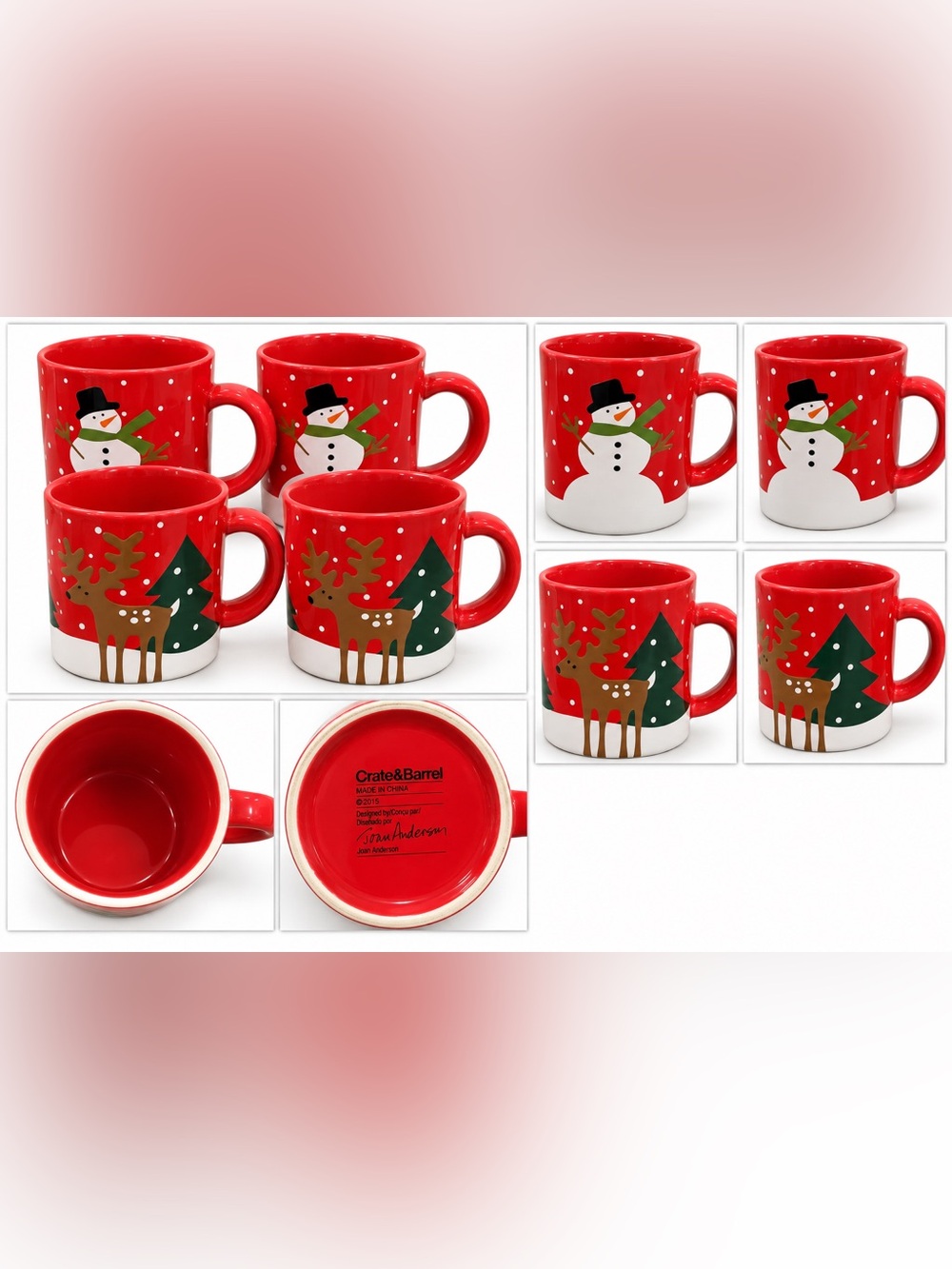 Crate&Barrel Red Snowman and Reindeer Holiday Mug Set